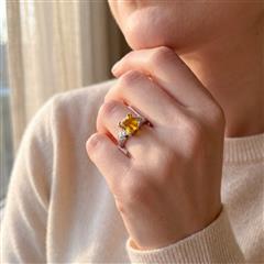 PT950 PLATINUM DIAMOND & GOLD CITRINE RING W/MILGRAIN DETAIL BAND 5